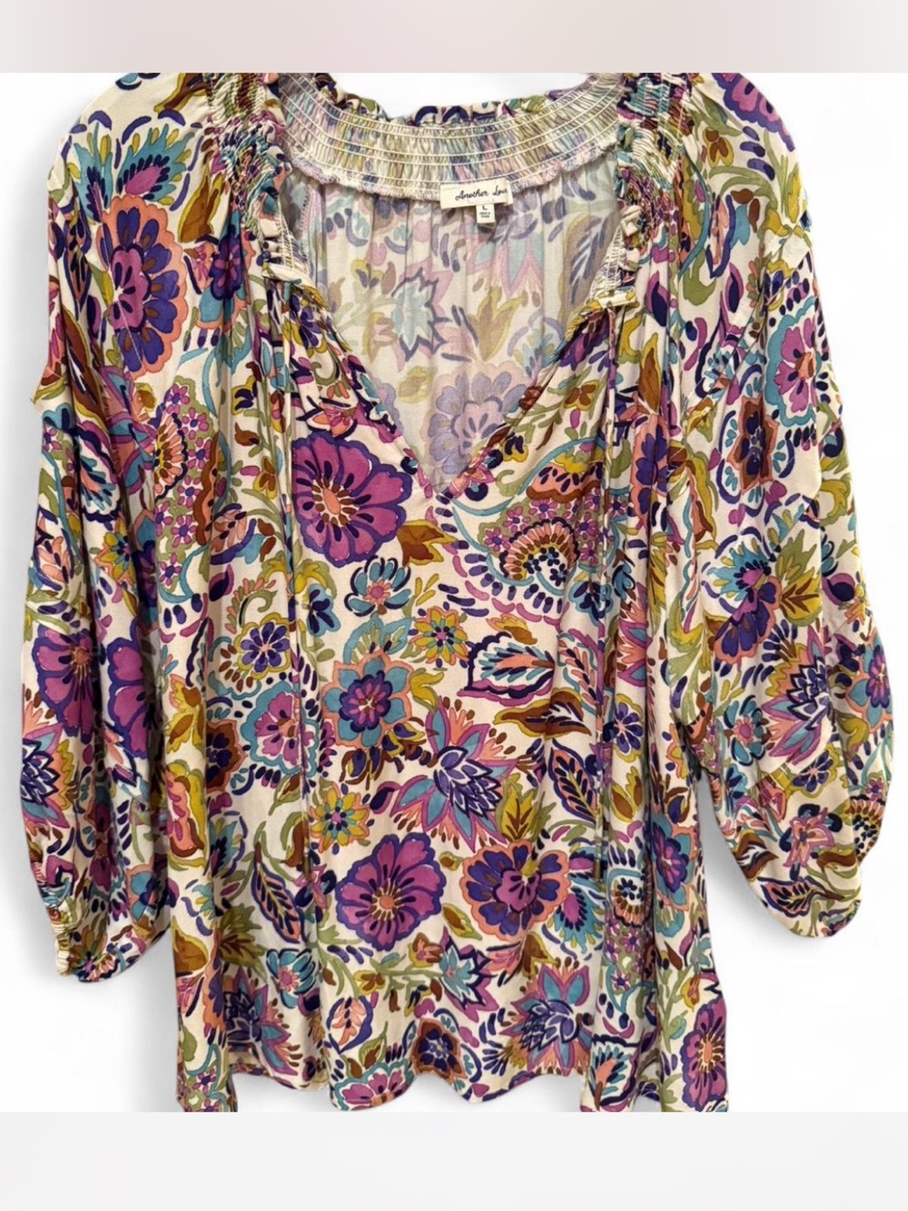 Another Love Women’s Purple and Green Multi Floral Peasant Blouse